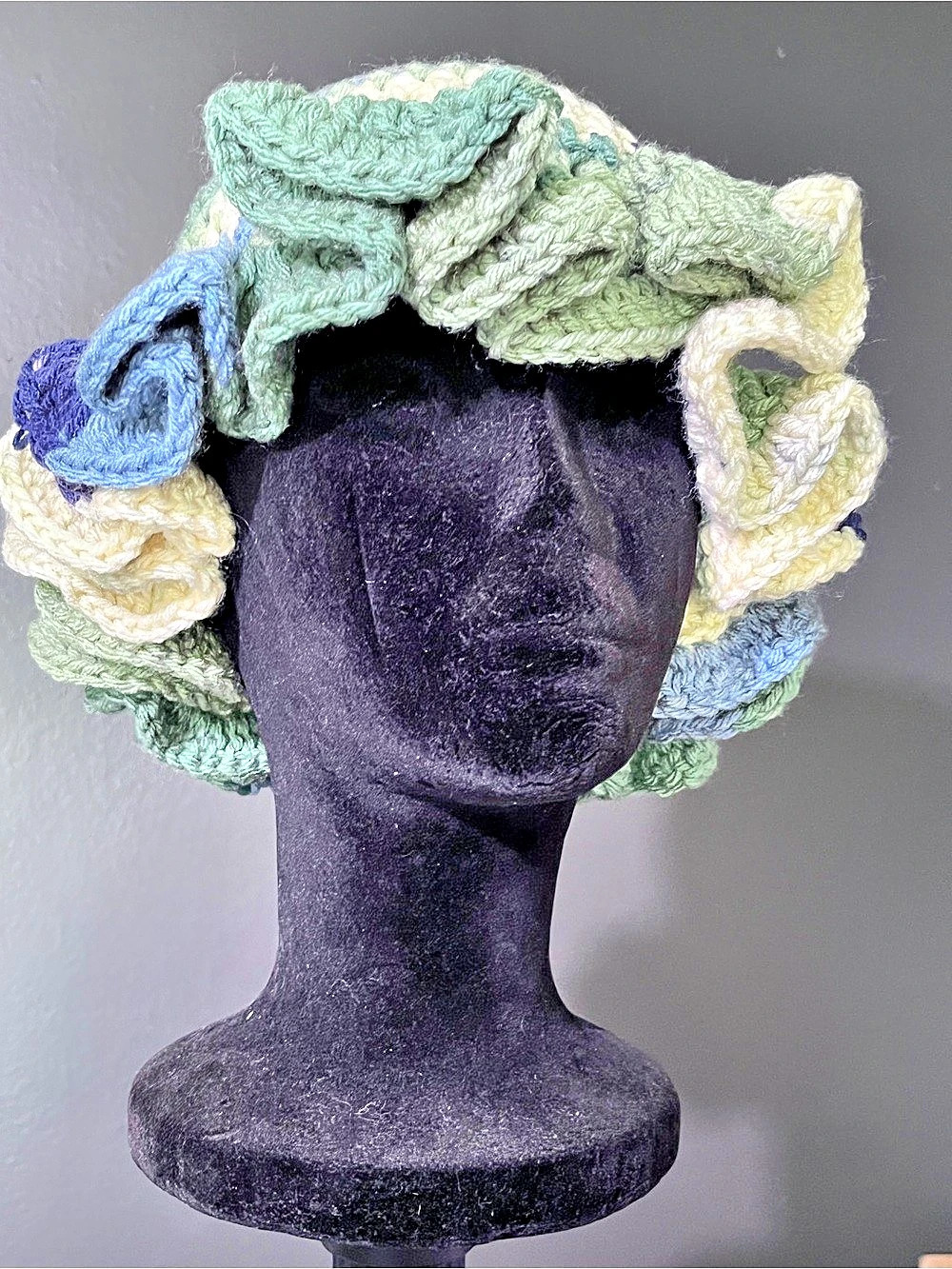 Crochet Striped Hat in Green & Blue Like New